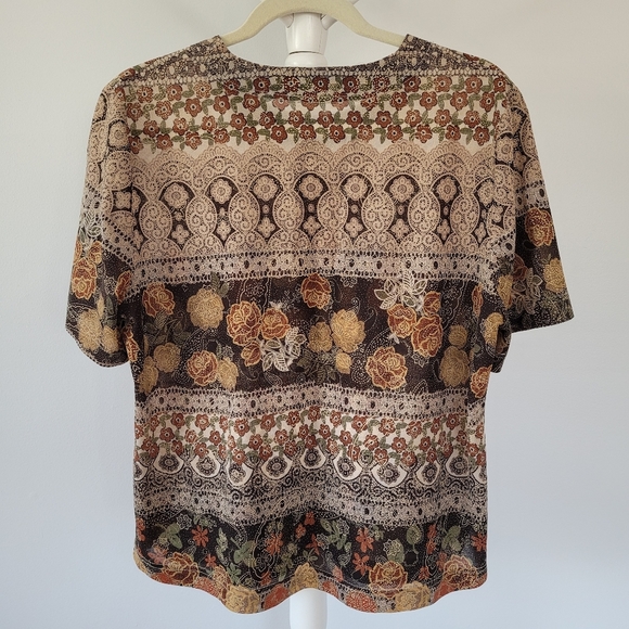 Vintage Grandma SKY 90s Floral Tan & Cream Airy Short Sleeve Top - Picture 2 of 10